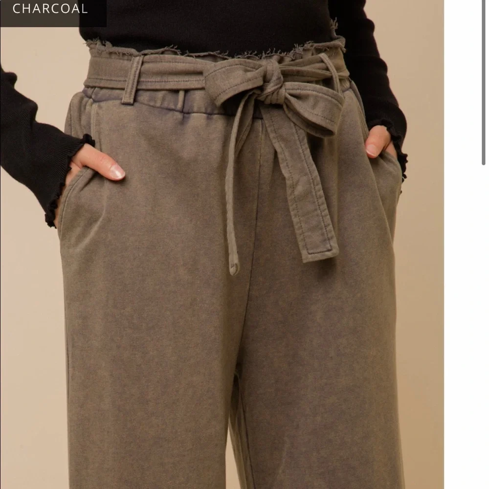 🆕Charcoal French Terry Paperbag High Waist Wide Leg Pant Hem & Thread S, M & L - Picture 7 of 15